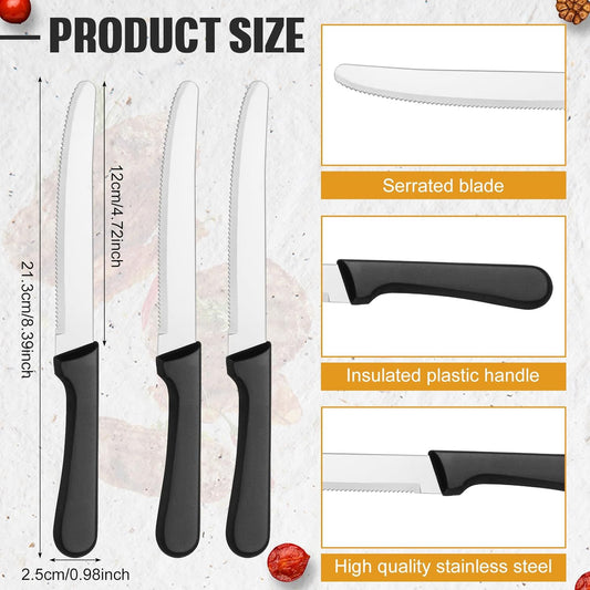 150 Pcs 8.39 Inches Steak Knife Sets Black Stainless Steel Serrated Edge Dinner Knives with Plastic Handle and Round Tip for Home Restaurant