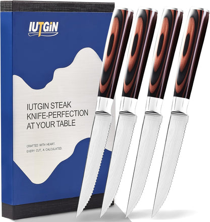 Steak Knives Set of 4, 4.5 Inch Serrated Razor-Sharp Durable Steak Knife, Japanese Stainless Steel Steak Knives Set with Ergonomic Wood Handle and Gift Box