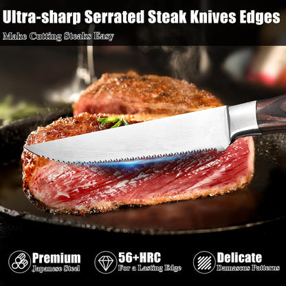 Steak Knives Set of 4, 4.5 Inch Serrated Razor-Sharp Durable Steak Knife, Japanese Stainless Steel Steak Knives Set with Ergonomic Wood Handle and Gift Box