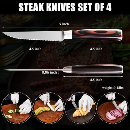 Steak Knives Set of 4, 4.5 Inch Serrated Razor-Sharp Durable Steak Knife, Japanese Stainless Steel Steak Knives Set with Ergonomic Wood Handle and Gift Box