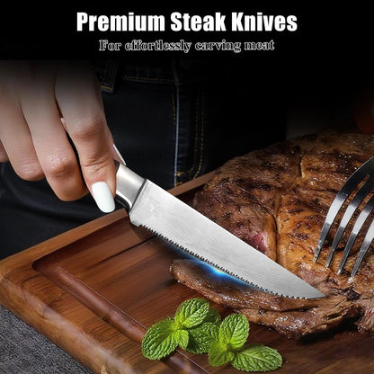 Steak Knives Set of 4, 4.5 Inch Serrated Razor-Sharp Durable Steak Knife, Japanese Stainless Steel Steak Knives Set with Ergonomic Wood Handle and Gift Box