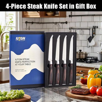 Steak Knives Set of 4, 4.5 Inch Serrated Razor-Sharp Durable Steak Knife, Japanese Stainless Steel Steak Knives Set with Ergonomic Wood Handle and Gift Box