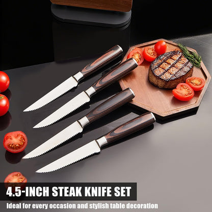 Steak Knives Set of 4, 4.5 Inch Serrated Razor-Sharp Durable Steak Knife, Japanese Stainless Steel Steak Knives Set with Ergonomic Wood Handle and Gift Box