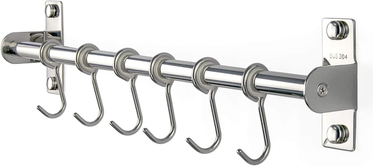 Sliding Hooks, Wall Mounted Rail, Stainless Steel Utensil Holder and Pot Lid Rack for Kitchen Tools, Towel, Pot Pan, Loofah, Spoon - Polished Finish, 6 Hooks