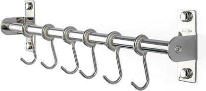 Sliding Hooks, Wall Mounted Rail, Stainless Steel Utensil Holder and Pot Lid Rack for Kitchen Tools, Towel, Pot Pan, Loofah, Spoon - Polished Finish, 6 Hooks