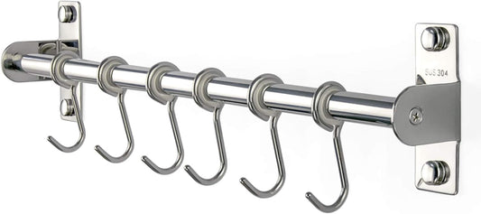 Sliding Hooks, Wall Mounted Rail, Stainless Steel Utensil Holder and Pot Lid Rack for Kitchen Tools, Towel, Pot Pan, Loofah, Spoon - Polished Finish, 6 Hooks