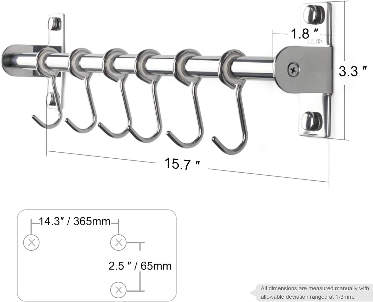 Sliding Hooks, Wall Mounted Rail, Stainless Steel Utensil Holder and Pot Lid Rack for Kitchen Tools, Towel, Pot Pan, Loofah, Spoon - Polished Finish, 6 Hooks