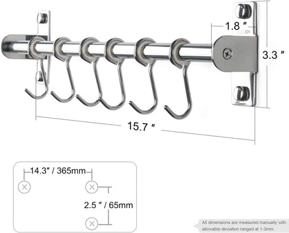 Sliding Hooks, Wall Mounted Rail, Stainless Steel Utensil Holder and Pot Lid Rack for Kitchen Tools, Towel, Pot Pan, Loofah, Spoon - Polished Finish, 6 Hooks