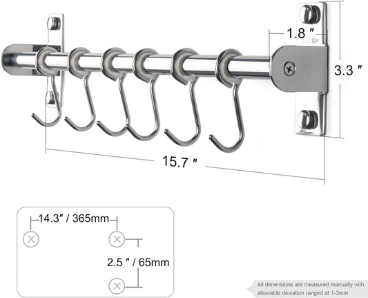 Sliding Hooks, Wall Mounted Rail, Stainless Steel Utensil Holder and Pot Lid Rack for Kitchen Tools, Towel, Pot Pan, Loofah, Spoon - Polished Finish, 6 Hooks
