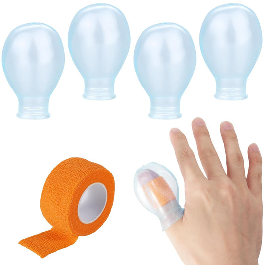 4pcs Waterproof Thumb Protector, Reusable Silicone Finger Sleeve Cover Rubber Cots with Nursing Bandage for Shower Swimming Pedicure Manicure Nail Soaking & Wound Protection Guard