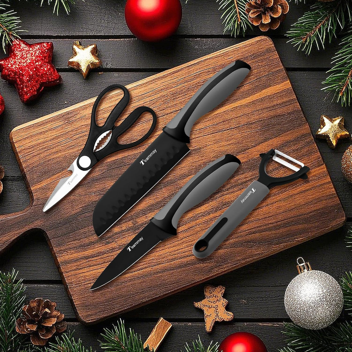 4-Pc Knife Set, 6 Inch Santoku Knife, 4 Inch Paring Knife, Kitchen Scissors, Y-Peeler, Anti-Rust Coating, Razor-Sharp, Stainless Steel Chef Knife Set, Perfect Gifts for Kitchen
