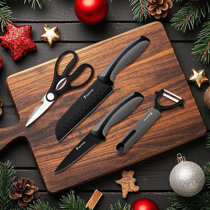 4-Pc Knife Set, 6 Inch Santoku Knife, 4 Inch Paring Knife, Kitchen Scissors, Y-Peeler, Anti-Rust Coating, Razor-Sharp, Stainless Steel Chef Knife Set, Perfect Gifts for Kitchen