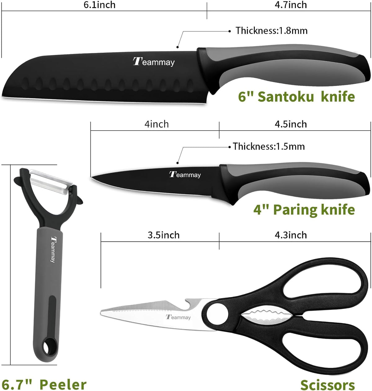 4-Pc Knife Set, 6 Inch Santoku Knife, 4 Inch Paring Knife, Kitchen Scissors, Y-Peeler, Anti-Rust Coating, Razor-Sharp, Stainless Steel Chef Knife Set, Perfect Gifts for Kitchen