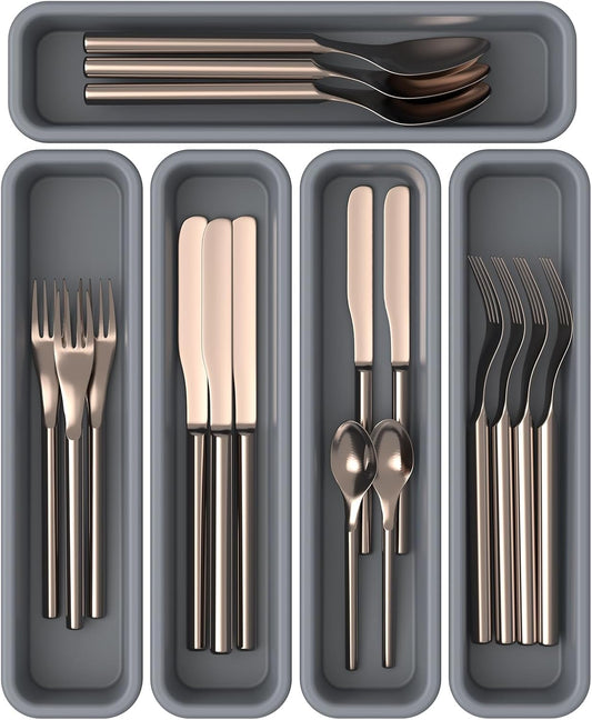 5 Pack Silicone Drawer Organizer for Kitchen, DIY Free Combination Silverware Organizer, Utensil Drawer Organizer, Moisture-proof and Heat-resistant up to 200°C, Anti-slip Design (Grey)