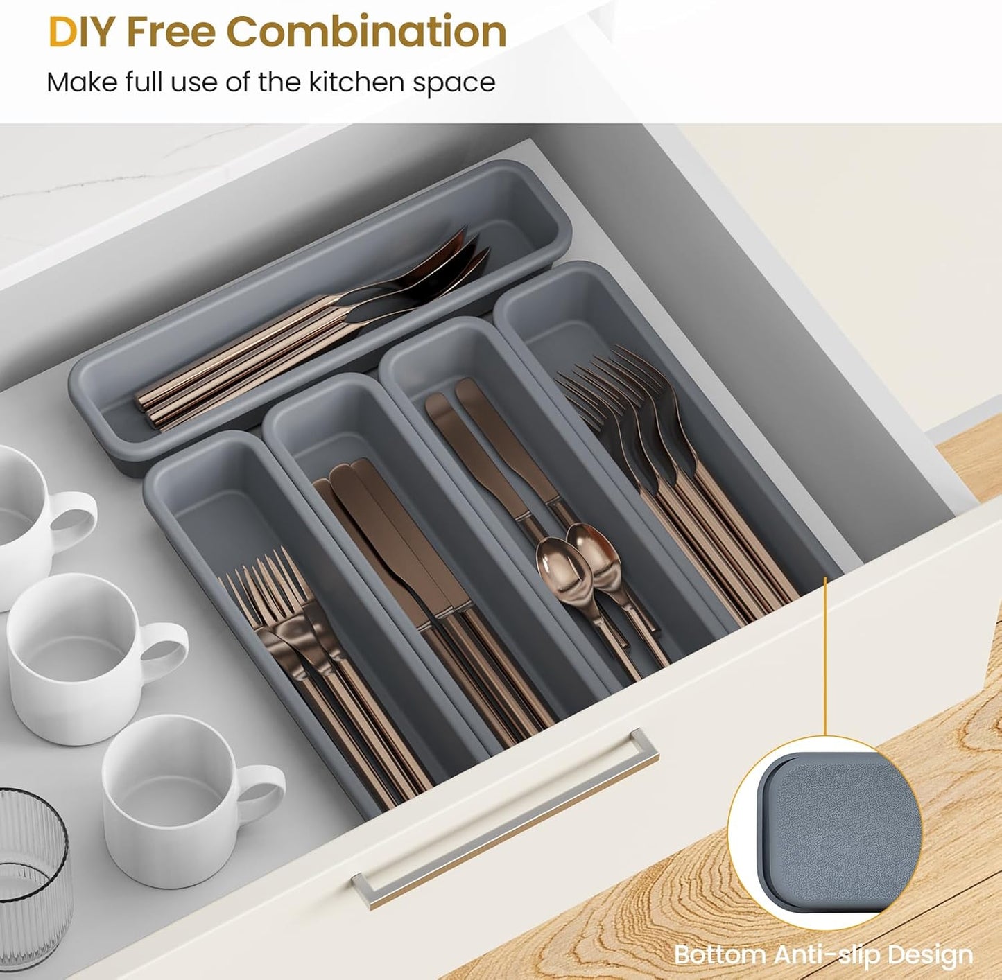 5 Pack Silicone Drawer Organizer for Kitchen, DIY Free Combination Silverware Organizer, Utensil Drawer Organizer, Moisture-proof and Heat-resistant up to 200°C, Anti-slip Design (Grey)