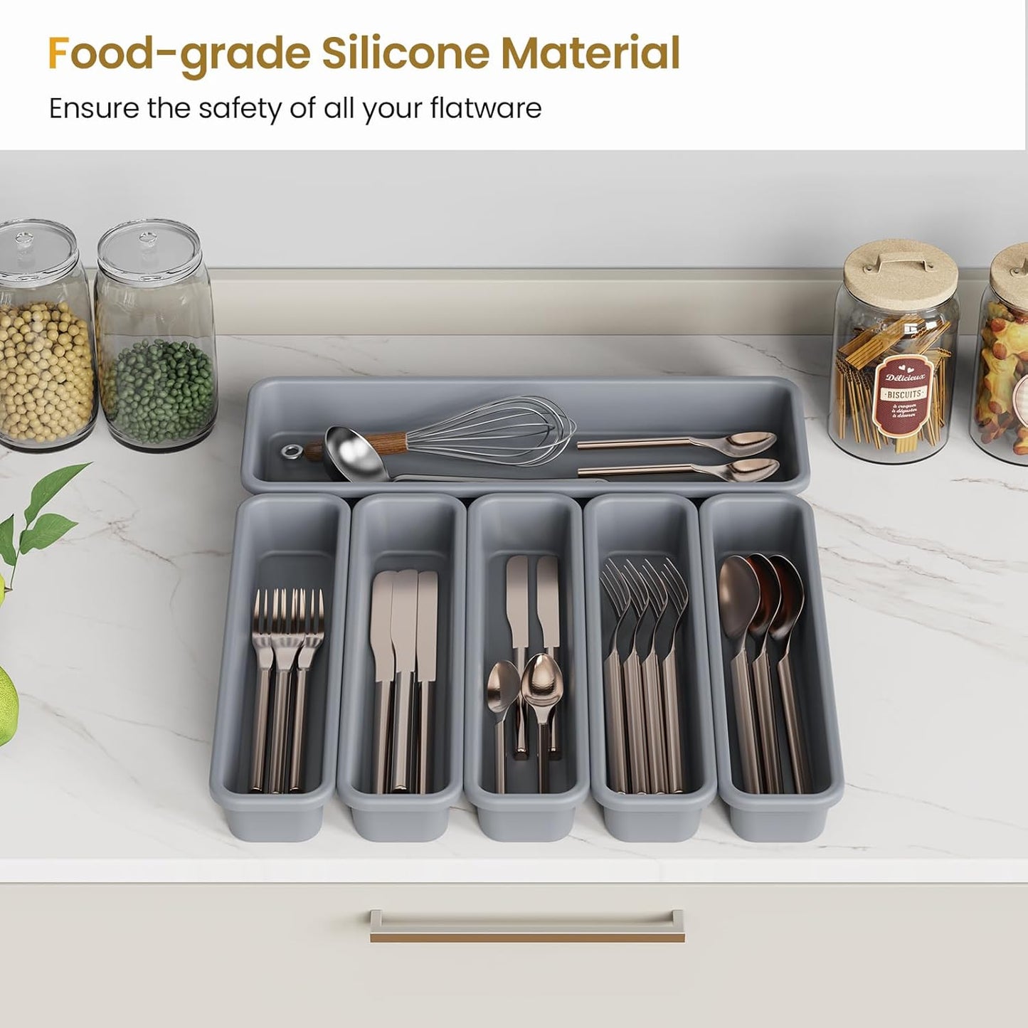 5 Pack Silicone Drawer Organizer for Kitchen, DIY Free Combination Silverware Organizer, Utensil Drawer Organizer, Moisture-proof and Heat-resistant up to 200°C, Anti-slip Design (Grey)