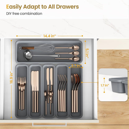 5 Pack Silicone Drawer Organizer for Kitchen, DIY Free Combination Silverware Organizer, Utensil Drawer Organizer, Moisture-proof and Heat-resistant up to 200°C, Anti-slip Design (Grey)