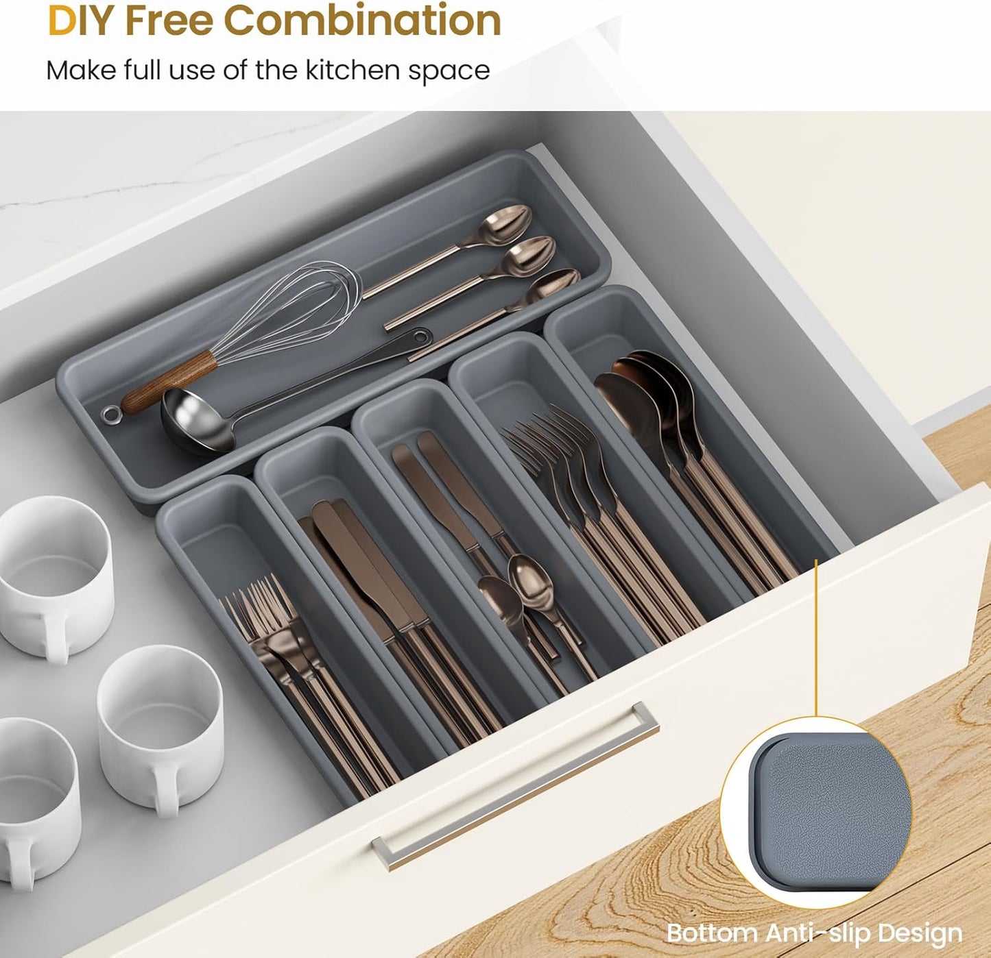5 Pack Silicone Drawer Organizer for Kitchen, DIY Free Combination Silverware Organizer, Utensil Drawer Organizer, Moisture-proof and Heat-resistant up to 200°C, Anti-slip Design (Grey)
