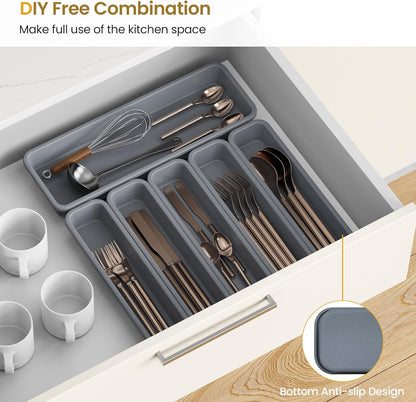 5 Pack Silicone Drawer Organizer for Kitchen, DIY Free Combination Silverware Organizer, Utensil Drawer Organizer, Moisture-proof and Heat-resistant up to 200°C, Anti-slip Design (Grey)