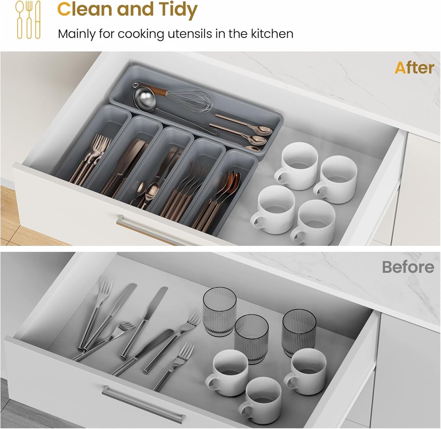5 Pack Silicone Drawer Organizer for Kitchen, DIY Free Combination Silverware Organizer, Utensil Drawer Organizer, Moisture-proof and Heat-resistant up to 200°C, Anti-slip Design (Grey)