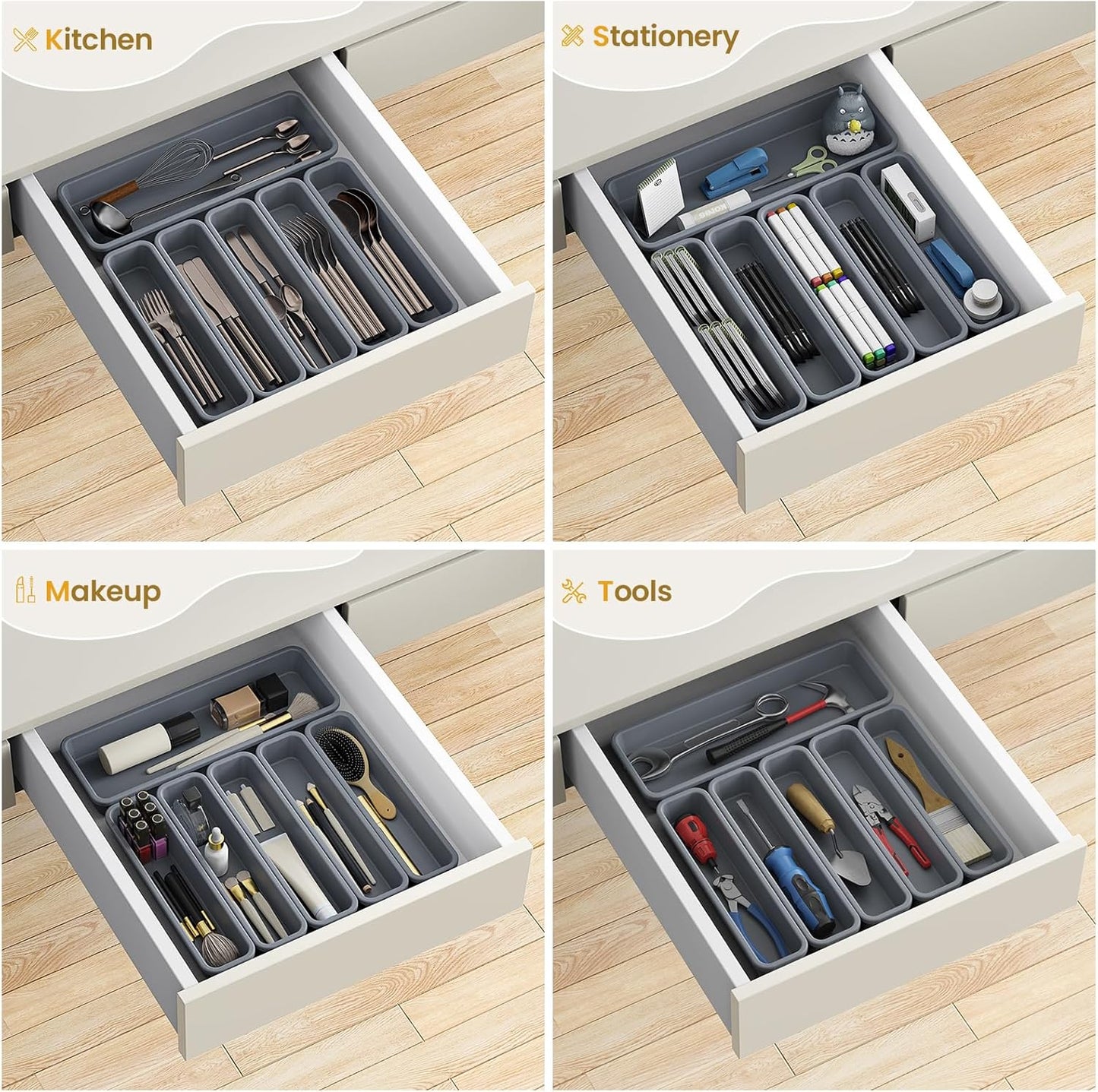 5 Pack Silicone Drawer Organizer for Kitchen, DIY Free Combination Silverware Organizer, Utensil Drawer Organizer, Moisture-proof and Heat-resistant up to 200°C, Anti-slip Design (Grey)