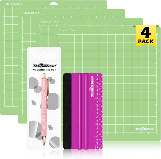 4 Pack 12"x12" Green Adhesive Cutting Mats | Precision Vinyl Pin Pen & 6 Inch Squeegee for HTV, Vinyl, Quilting & Crafting, Compatible with Popular Cutting Machines