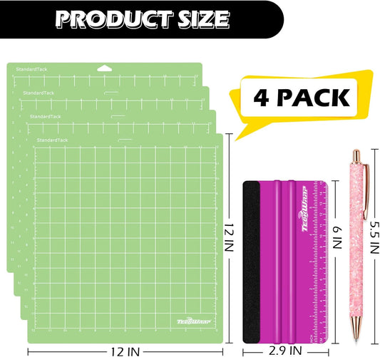 4 Pack 12"x12" Green Adhesive Cutting Mats | Precision Vinyl Pin Pen & 6 Inch Squeegee for HTV, Vinyl, Quilting & Crafting, Compatible with Popular Cutting Machines