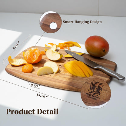 Acacia Wood Cutting Board 14 x 10 Inch Oval, 0.6" Thin Edge Grain, Handle & Hanging Hole, for Fruit, Cheese, Bread, Kitchen Prep, Non-Toxic BPA/Plastic Free, Solid Hardwood by New M Way