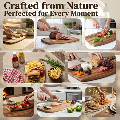 Acacia Wood Cutting Board 14 x 10 Inch Oval, 0.6" Thin Edge Grain, Handle & Hanging Hole, for Fruit, Cheese, Bread, Kitchen Prep, Non-Toxic BPA/Plastic Free, Solid Hardwood by New M Way
