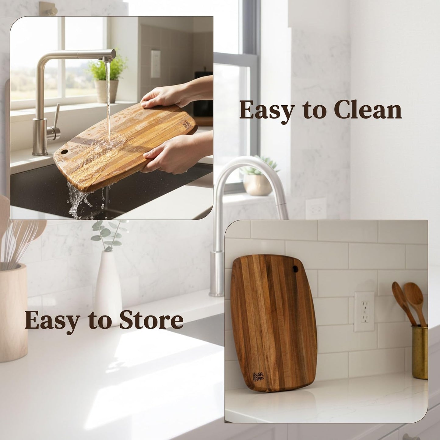 Acacia Wood Cutting Board 14 x 10 Inch Oval, 0.6" Thin Edge Grain, Handle & Hanging Hole, for Fruit, Cheese, Bread, Kitchen Prep, Non-Toxic BPA/Plastic Free, Solid Hardwood by New M Way