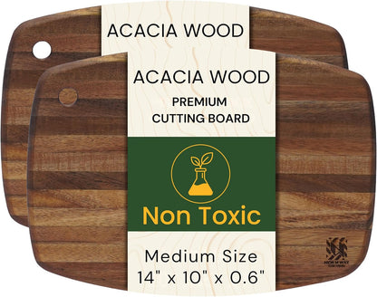 Acacia Wood Cutting Board 14 x 10 Inch Oval, 0.6" Thin Edge Grain, Handle & Hanging Hole, for Fruit, Cheese, Bread, Kitchen Prep, Non-Toxic BPA/Plastic Free, Solid Hardwood by New M Way