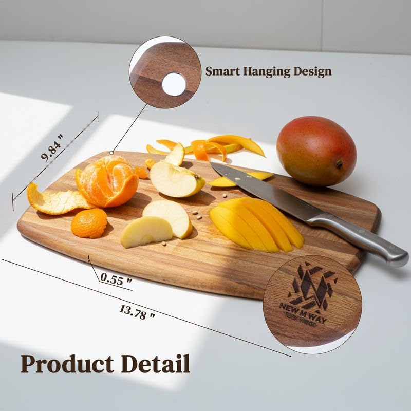 Acacia Wood Cutting Board 14 x 10 Inch Oval, 0.6" Thin Edge Grain, Handle & Hanging Hole, for Fruit, Cheese, Bread, Kitchen Prep, Non-Toxic BPA/Plastic Free, Solid Hardwood by New M Way