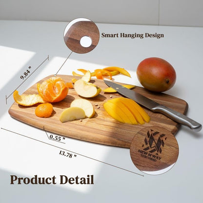 Acacia Wood Cutting Board 14 x 10 Inch Oval, 0.6" Thin Edge Grain, Handle & Hanging Hole, for Fruit, Cheese, Bread, Kitchen Prep, Non-Toxic BPA/Plastic Free, Solid Hardwood by New M Way