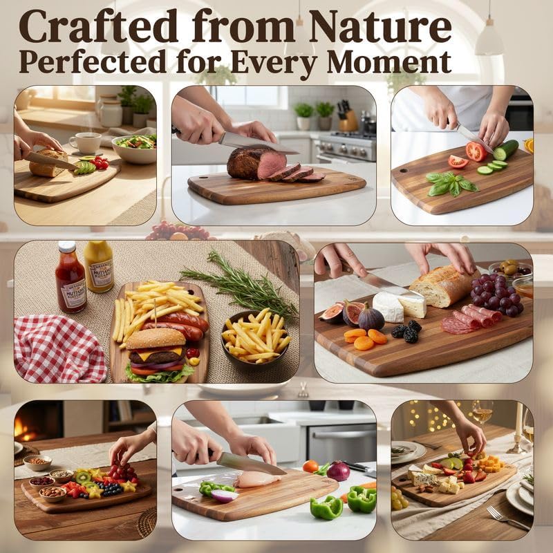Acacia Wood Cutting Board 14 x 10 Inch Oval, 0.6" Thin Edge Grain, Handle & Hanging Hole, for Fruit, Cheese, Bread, Kitchen Prep, Non-Toxic BPA/Plastic Free, Solid Hardwood by New M Way