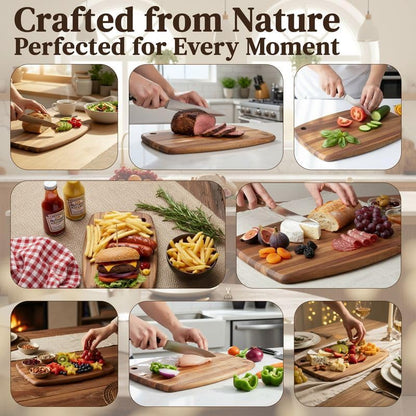 Acacia Wood Cutting Board 14 x 10 Inch Oval, 0.6" Thin Edge Grain, Handle & Hanging Hole, for Fruit, Cheese, Bread, Kitchen Prep, Non-Toxic BPA/Plastic Free, Solid Hardwood by New M Way