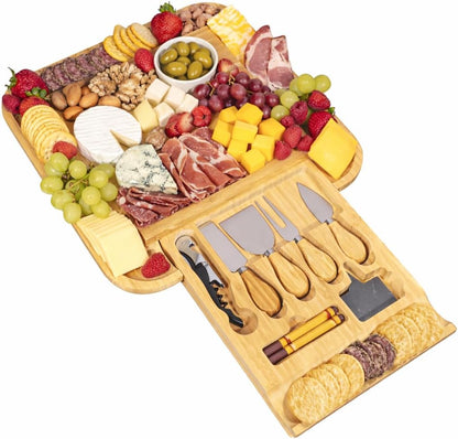 Cheese Board Gift Set with Built-in Storage Drawer, Bamboo Charcuterie Board Set with Cheese Knives, Slate Labels & Bottle Opener, Housewarming, Wedding