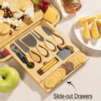 Cheese Board Gift Set with Built-in Storage Drawer, Bamboo Charcuterie Board Set with Cheese Knives, Slate Labels & Bottle Opener, Housewarming, Wedding