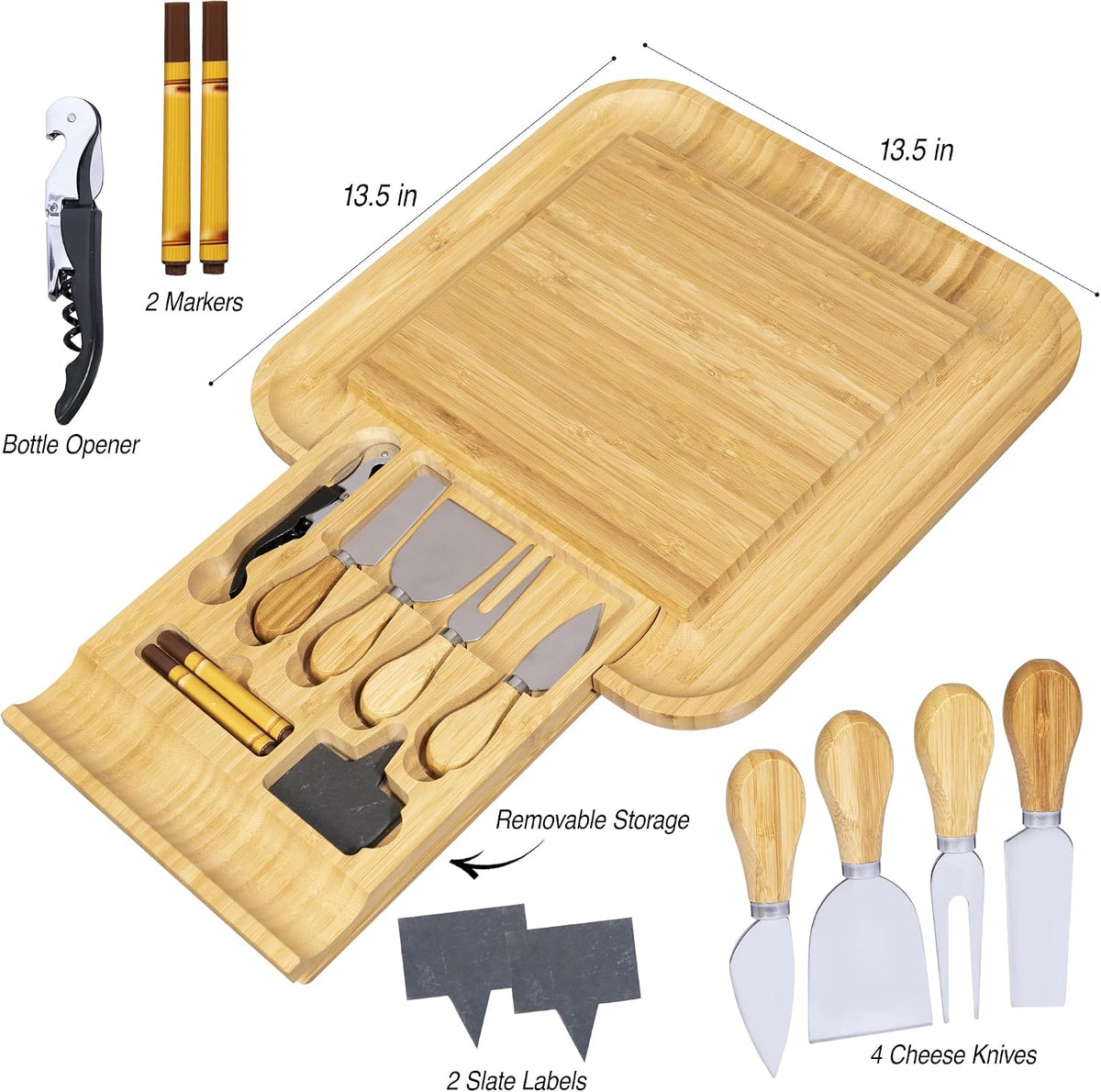 Cheese Board Gift Set with Built-in Storage Drawer, Bamboo Charcuterie Board Set with Cheese Knives, Slate Labels & Bottle Opener, Housewarming, Wedding