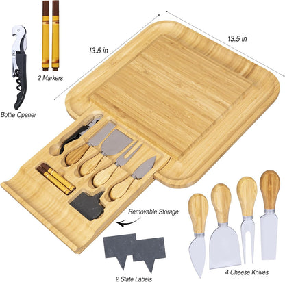 Cheese Board Gift Set with Built-in Storage Drawer, Bamboo Charcuterie Board Set with Cheese Knives, Slate Labels & Bottle Opener, Housewarming, Wedding