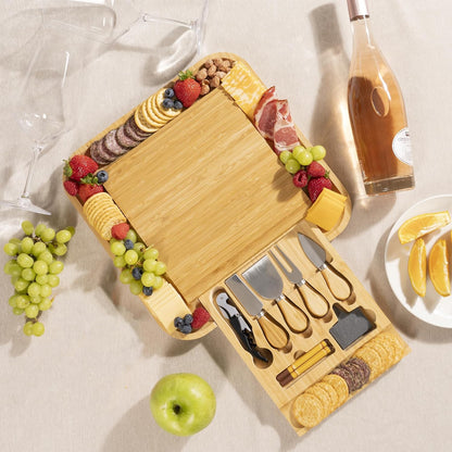 Cheese Board Gift Set with Built-in Storage Drawer, Bamboo Charcuterie Board Set with Cheese Knives, Slate Labels & Bottle Opener, Housewarming, Wedding