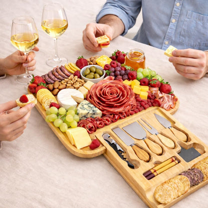 Cheese Board Gift Set with Built-in Storage Drawer, Bamboo Charcuterie Board Set with Cheese Knives, Slate Labels & Bottle Opener, Housewarming, Wedding
