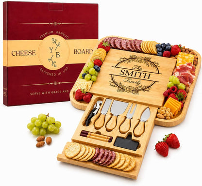 Cheese Board Gift Set with Built-in Storage Drawer, Bamboo Charcuterie Board Set with Cheese Knives, Slate Labels & Bottle Opener, Housewarming, Wedding