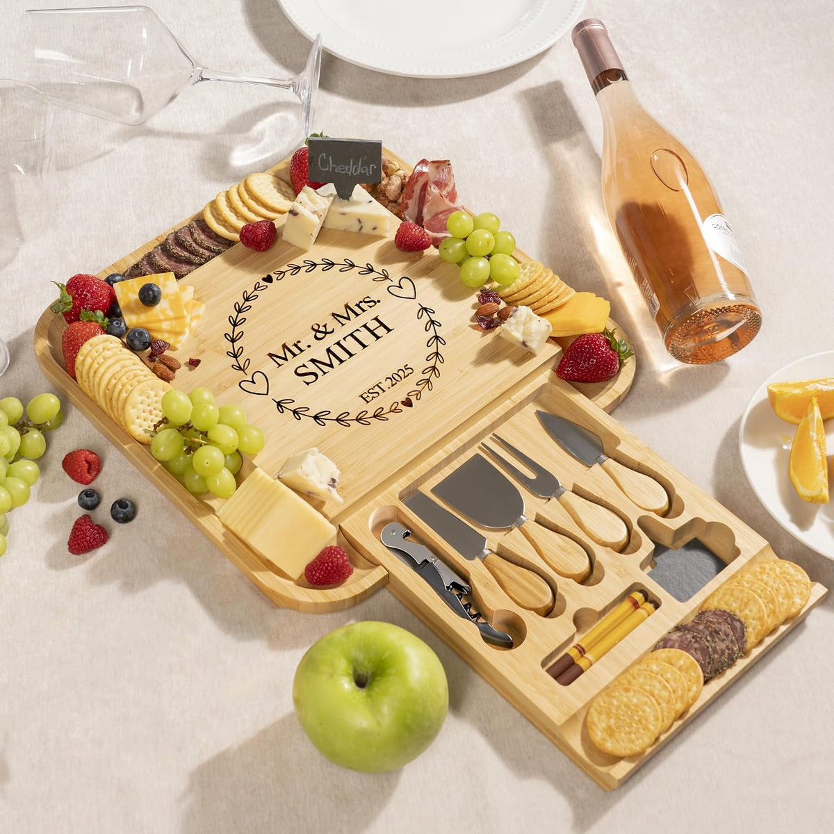 Cheese Board Gift Set with Built-in Storage Drawer, Bamboo Charcuterie Board Set with Cheese Knives, Slate Labels & Bottle Opener, Housewarming, Wedding