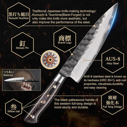 240mm Gyuto Knife, 9.5 Inch Japanese Chef Knife with AUS-8 Alloy Steel, Black Forged Japanese Carving Knives for Meat with Full-Tang Pakkawood Hanle, Premium Box for Husband, Dad