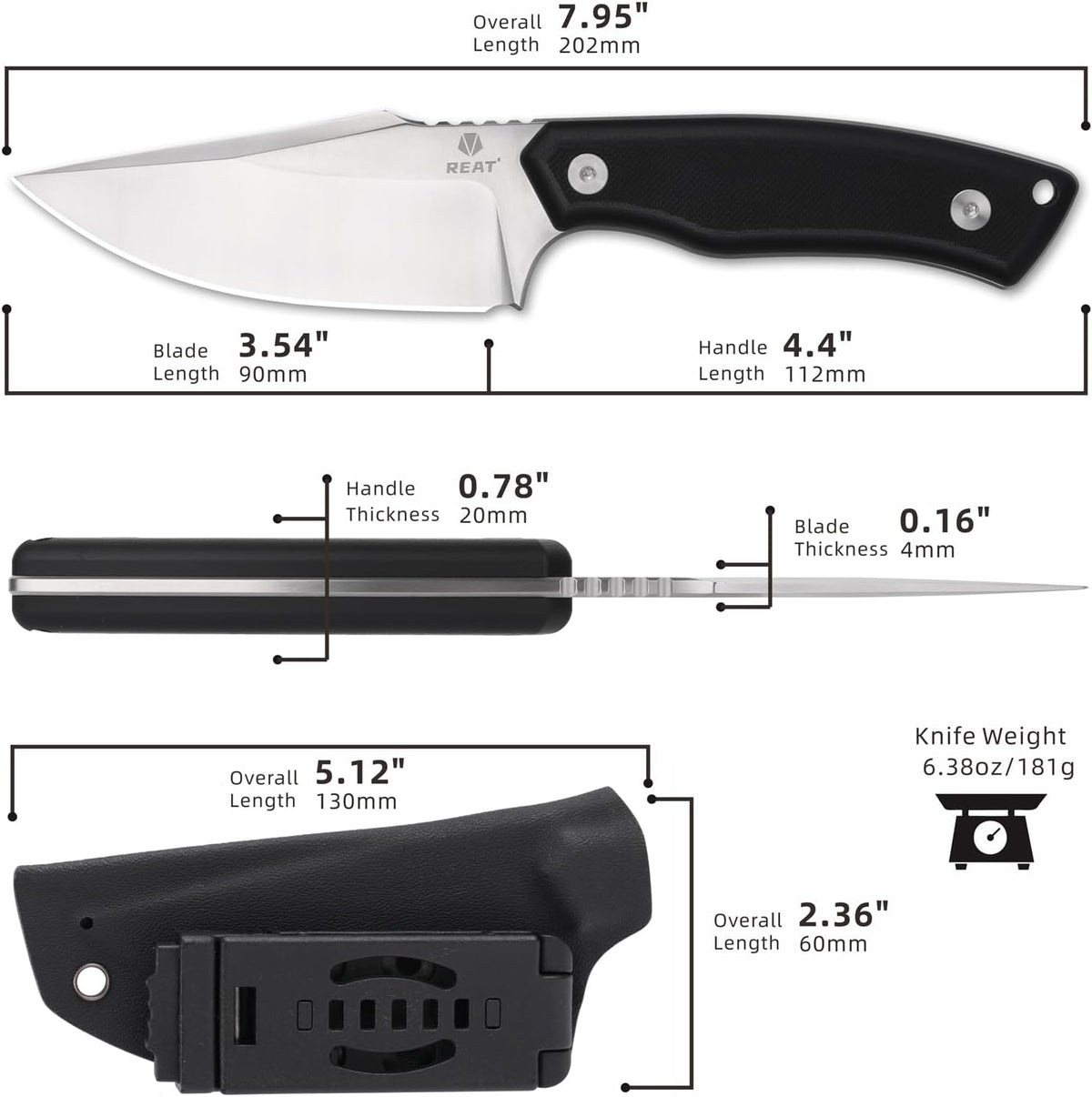 REAT Fixed Blade Knife with Kydex Sheath, 3.5" D2 Steel Blade with Full Tang Desgin,Ergonomic G10 Handle, Sharp Hunting Knife,EDC Knife for Camping,Survival,Bushcraft,Hiking,Gifts for Men,Women