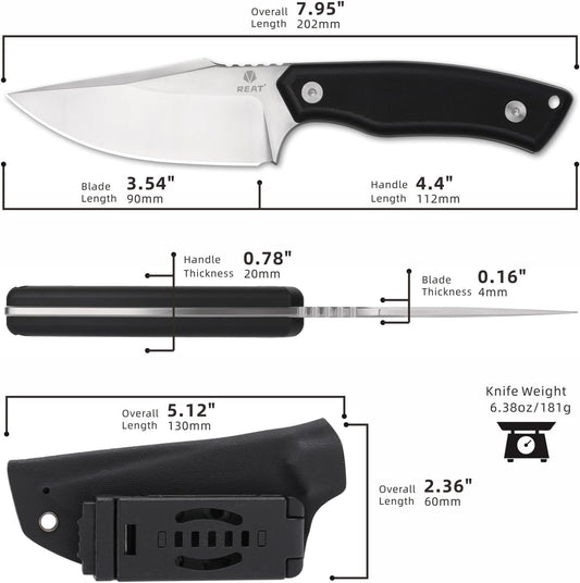 REAT Fixed Blade Knife with Kydex Sheath, 3.5" D2 Steel Blade with Full Tang Desgin,Ergonomic G10 Handle, Sharp Hunting Knife,EDC Knife for Camping,Survival,Bushcraft,Hiking,Gifts for Men,Women