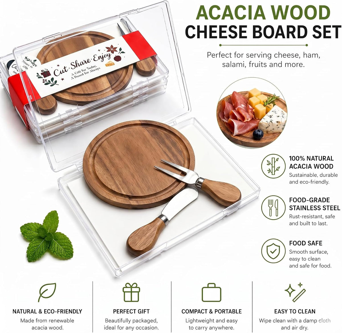 Storage-ready Bamboo Cheese Board Set, 6-Inch Mini Personal Charcuterie Tray, Gift-ready for Wedding, Bridal & Baby Shower Party