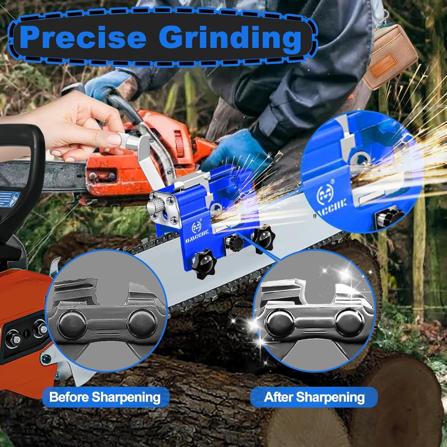 Chainsaw Sharpener with 5 High Hardness Titanium Plated Diamond Bits, Universal Manual Portable Chainsaw Chain Sharpening Jig Kit Sharpener Tool for 4-22 Inch Chainsaws, Lumberjack, Gardener