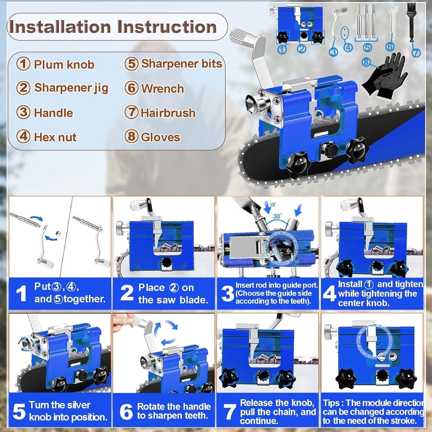 Chainsaw Sharpener with 5 High Hardness Titanium Plated Diamond Bits, Universal Manual Portable Chainsaw Chain Sharpening Jig Kit Sharpener Tool for 4-22 Inch Chainsaws, Lumberjack, Gardener