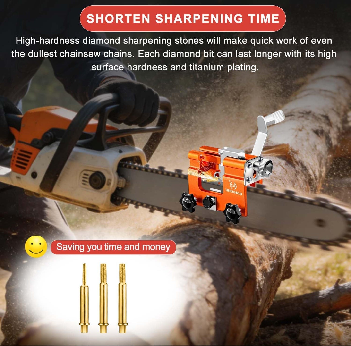 Chainsaw Sharpener with 5 High Hardness Titanium Plated Diamond Bits, Universal Manual Portable Chainsaw Chain Sharpening Jig Kit Sharpener Tool for 4-22 Inch Chainsaws, Lumberjack, Gardener